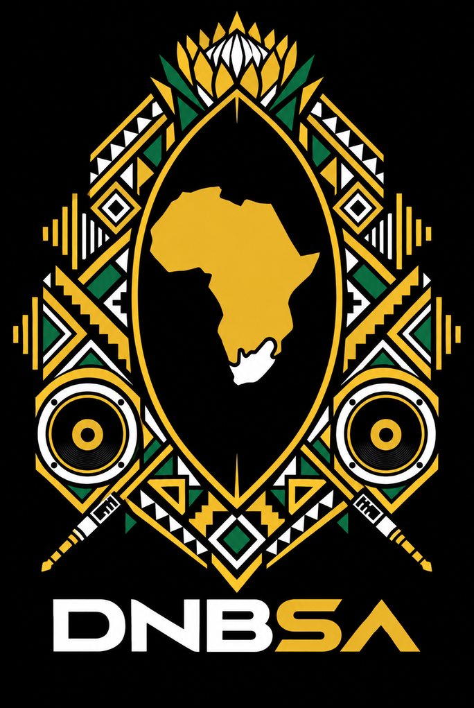 DNBSA crest: Africa within an Ndebele-patterned shield, flanked by speakers and a protea